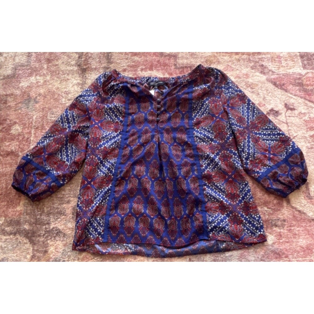 Jones New York Signature Women's Blue Red Paisley Blouse M 3/4 Sleeve Round Neck